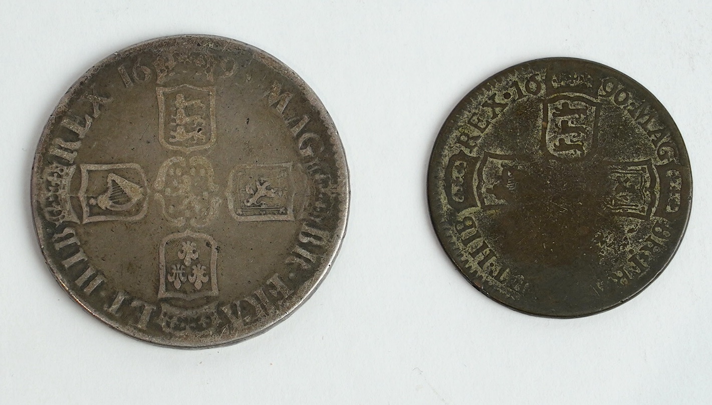 British coins, William III (1694-1702), silver crown ,1695, (S3470), near fine and a contemporary plated copper counterfeit of a halfcrown